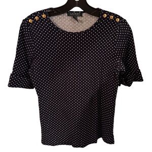 LAUREN RALPH LAUREN Women's Top Size M Blue Polka Dots Cuff Sleeve Gold Buttons